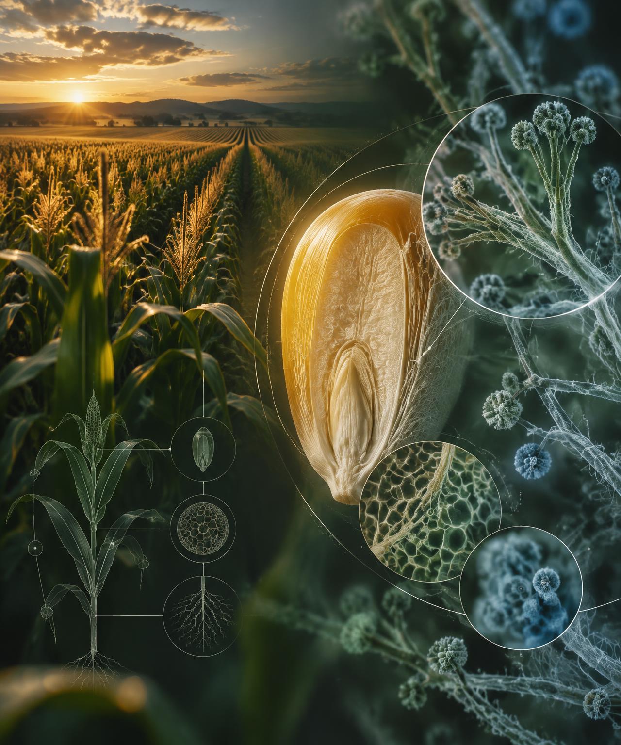Abstract scientific illustration of a maize field, grain structure and microscopic fungal biology